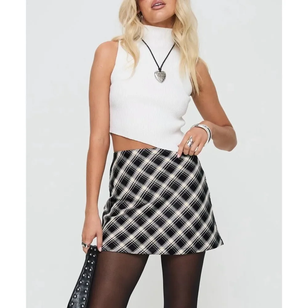 PRINCESS POLLY Amaranthine Mini Skirt Cream/Navy‎ Check